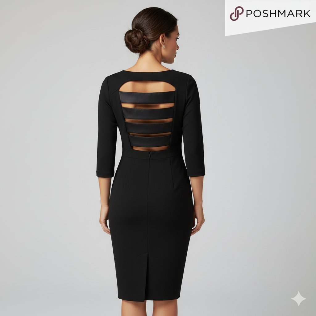 Sandra Angelozzi Black Bodycon Dress Cutout Back Long Sleeve Cocktail Size S
